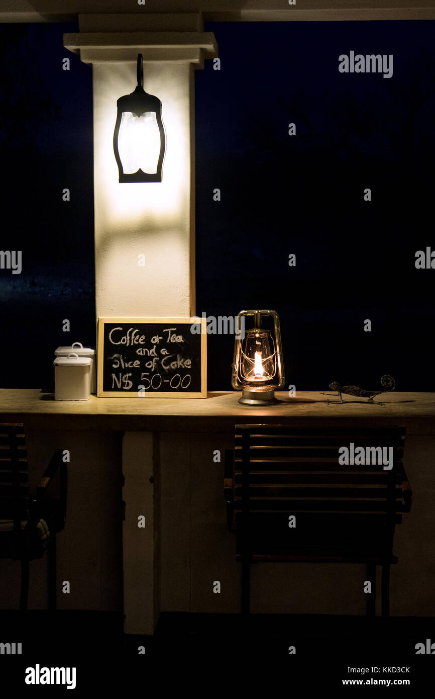 Restaurant area at night - Tamboti Luxury Campsite, Onguma Game Reserve, Namibia, Africa Stock Photo
