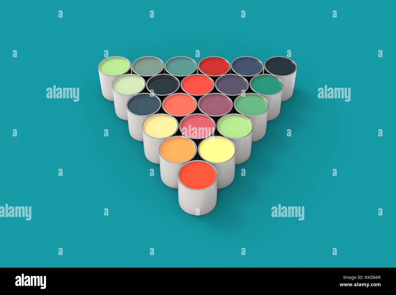 Colorful paint pots isolated on soft green background. 3D illustrating