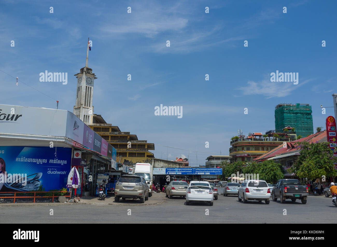 French colonial buildings and Chinese shophouses along street 1 of Battambang town. Stock Photo