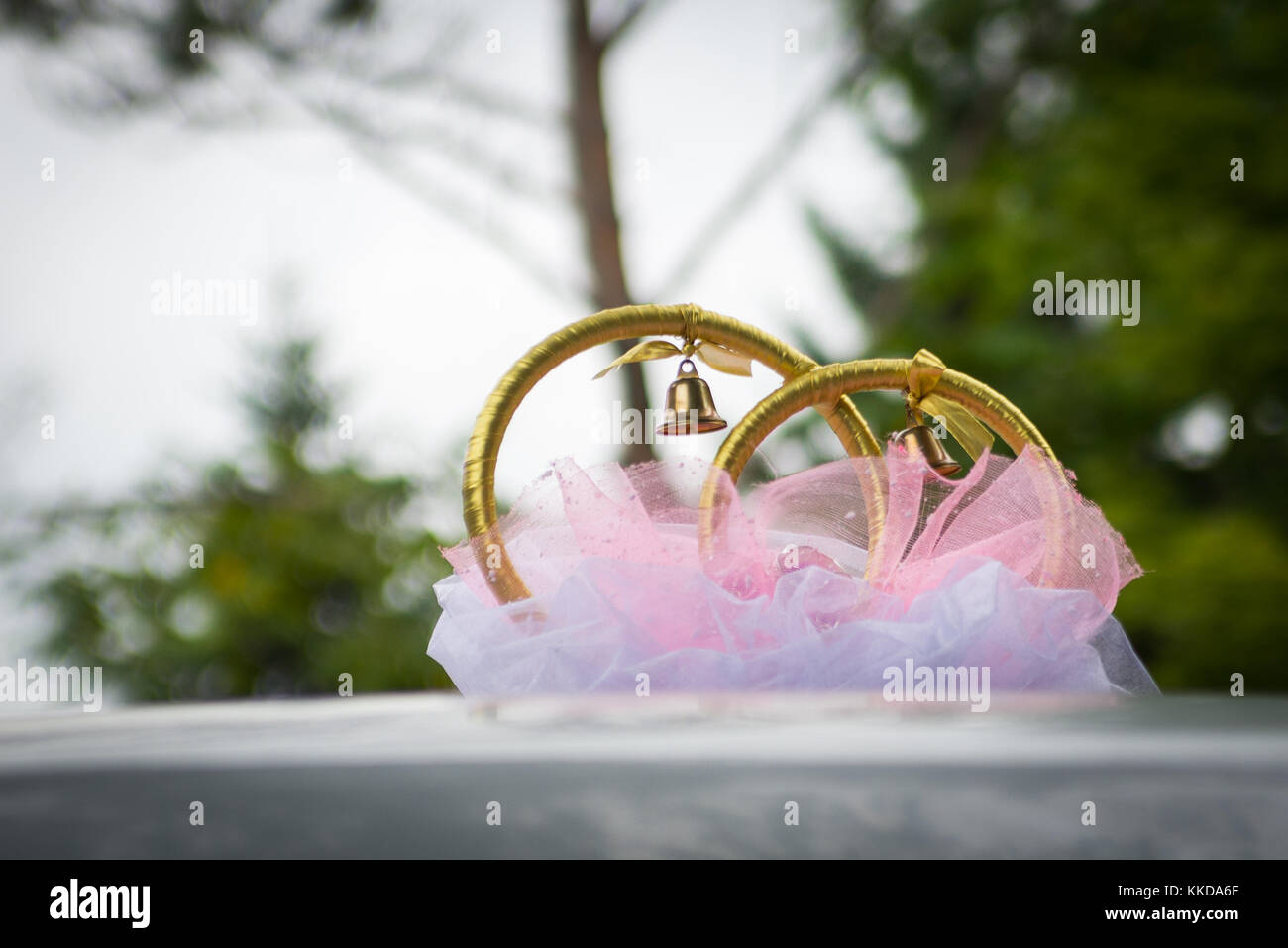 Wedding rings and decoration on the roof of the car on outdoor blurred green background. Stock Photo