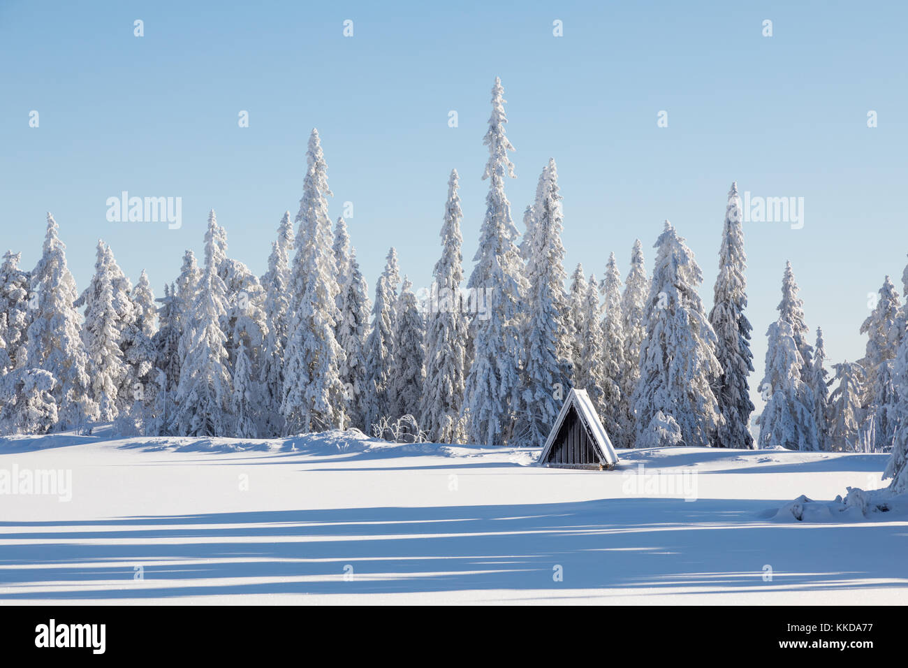 Frozen lake surrounded by trees with water pumping hut Stock Photo