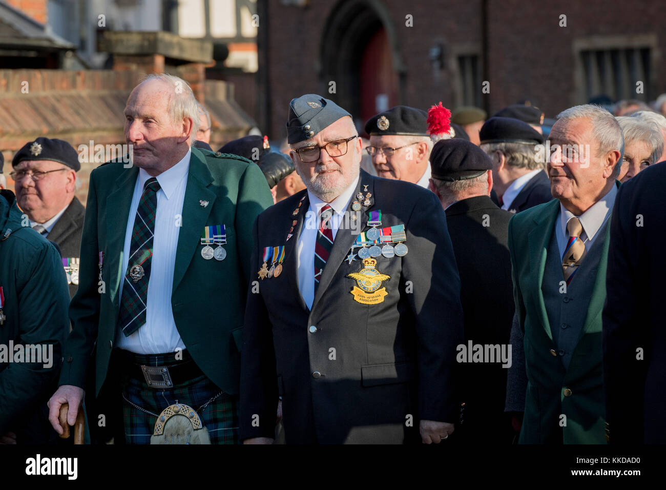British veterans stand before parade commemorating 50th anniversary of withdrawal of troops from Aden - by York Minster North Yorkshire, England, UK. Stock Photo