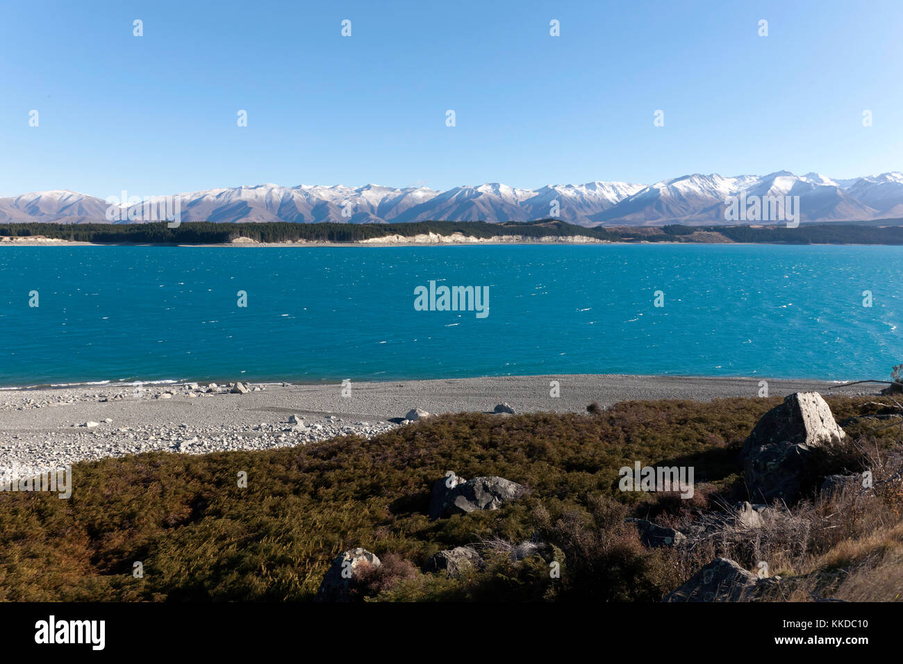 Parorama of the  Tasman River flowing through the wide flat-bottomed Tasman Valley in the Southern Alps, South Island,  New Zealand Stock Photo