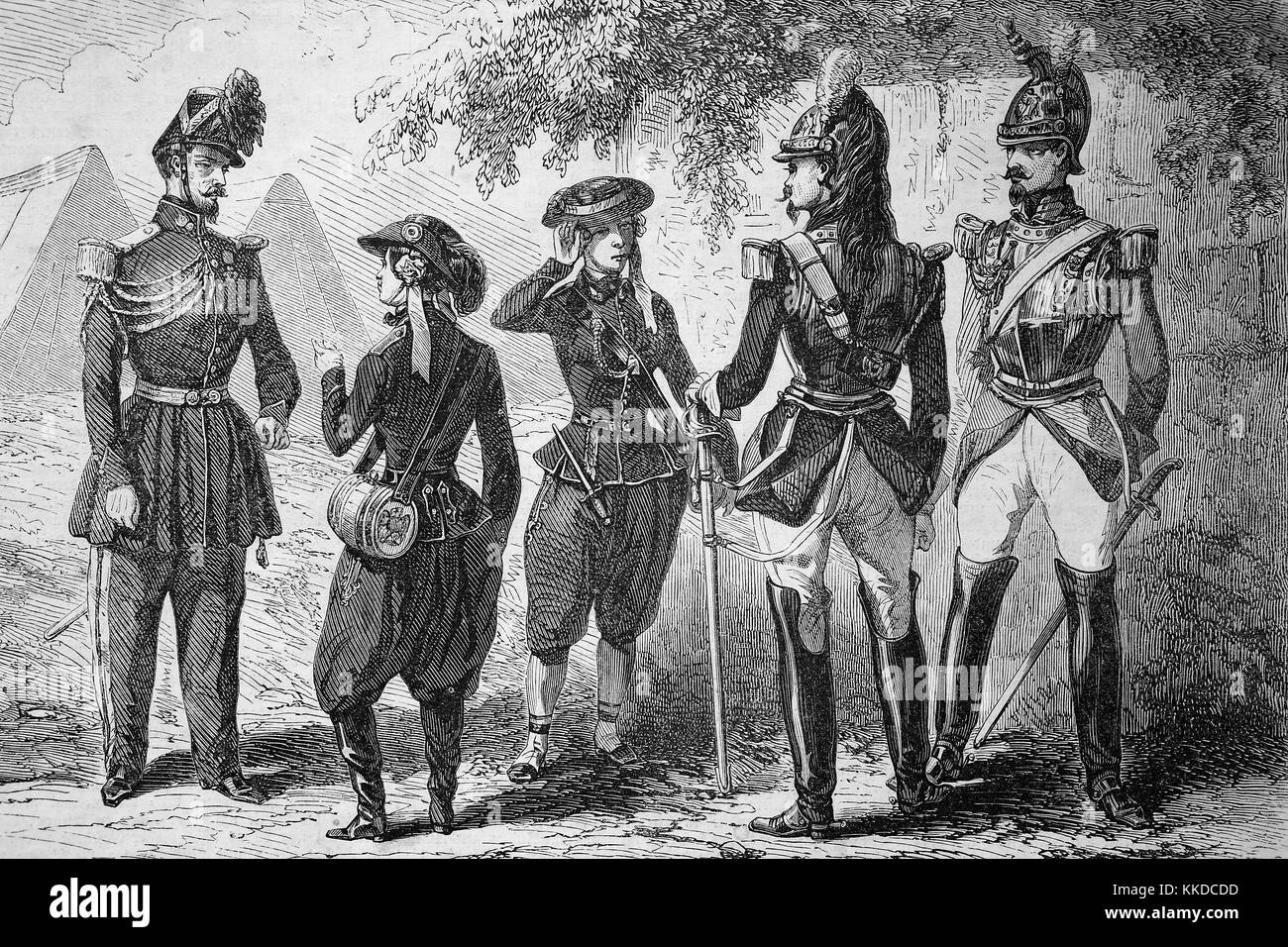 Pictures of the time of 1855, men of the French imperial guard and women sutler or victualer in uniform in  a camp, Digital improved reproduction of an original woodcut Stock Photo