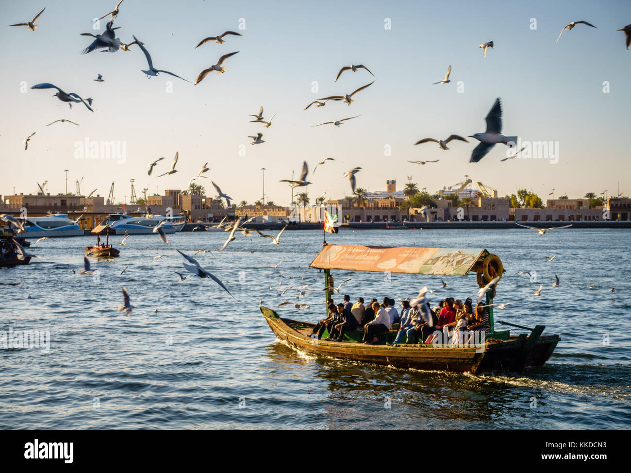 Dubai, UAE, February 5, 2016: Abra is making its way across Dubai Creek as flock of seagulls circling above Stock Photo