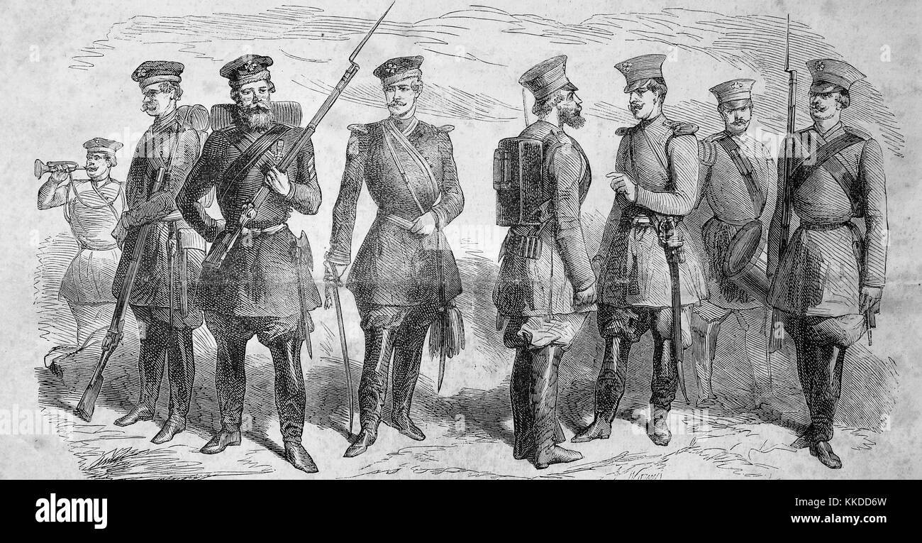 Various war uniforms, on the left, the Realm Defense, then the Mobile Columns, then the new uniform of the Russian Realm Defense, and on the right, the Tirailleurs of the imperial house, pictures of the time of 1855, Digital improved reproduction of an original woodcut Stock Photo