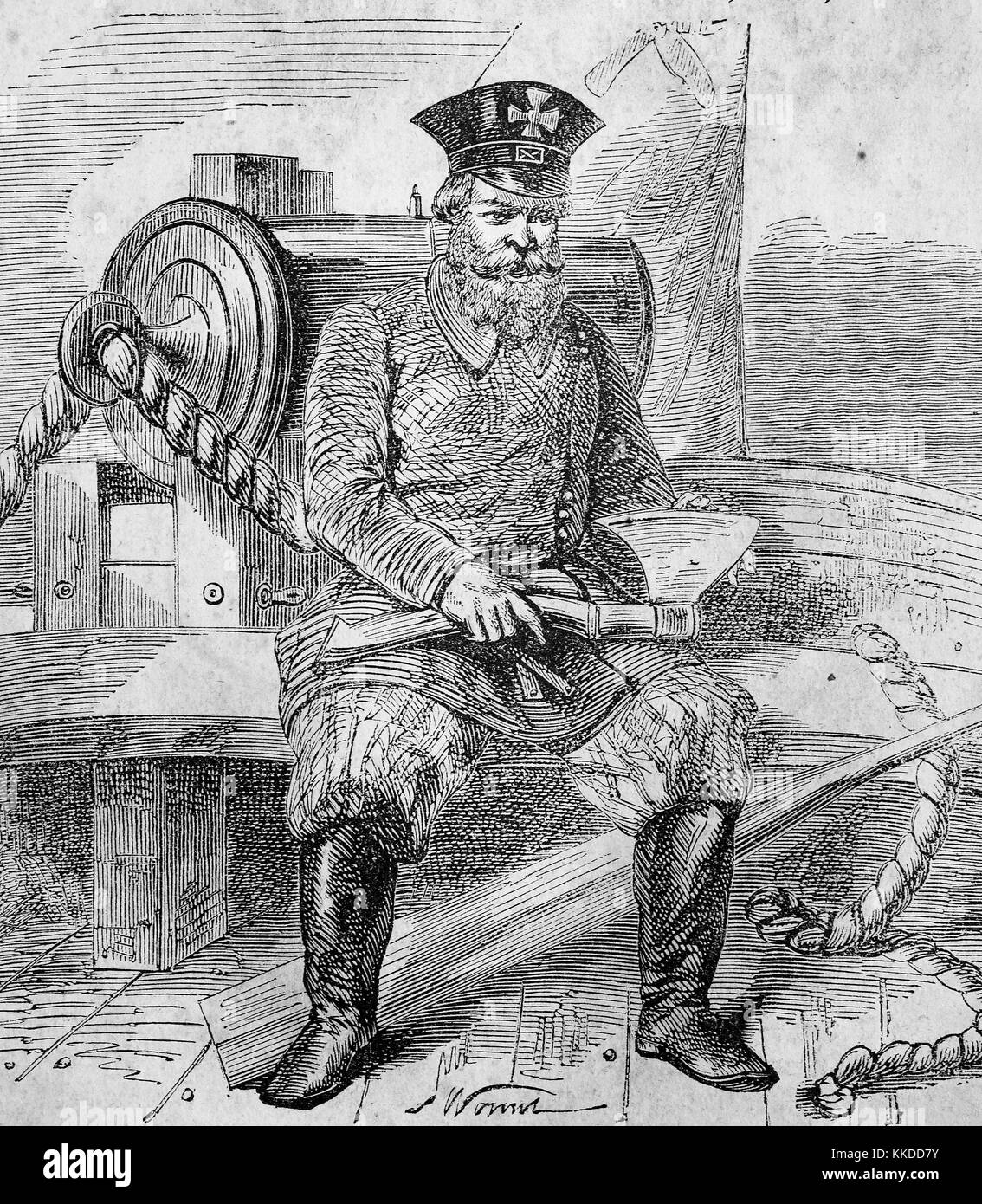 Man in the uniform of the Sea Realm Defence with hatchet, pictures of the time of 1855, Digital improved reproduction of an original woodcut Stock Photo