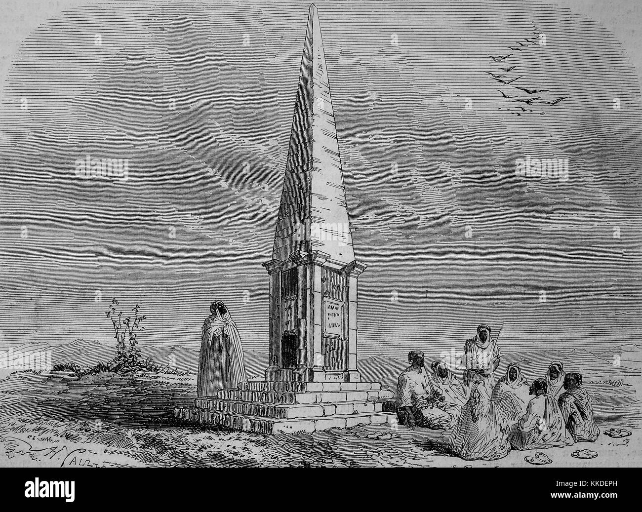Memorial of the Battle of Sidi Brahim was a battle at Sidi Brahim in French Algeria between the troops of Abdelkader El Djezairi and French troops under Lieutenant-Colonel Lucien de Montagnac from 22 to 25 September 1845, Pictures of the time of 1845, Digital improved reproduction of an original woodcut Stock Photo
