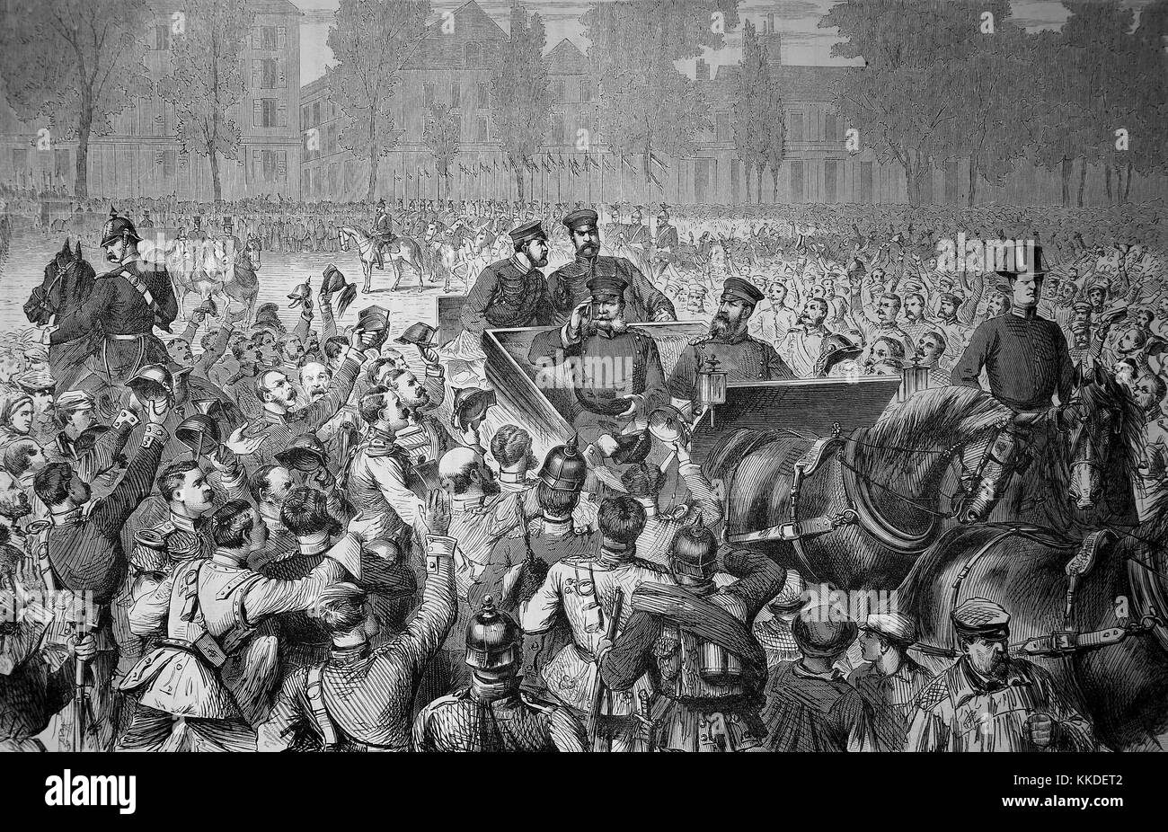 Entry of King William I of Prussia in Versailles on 5 October, France, Franco-German War 1870/71, Franco-Prussian War or Franco-German War, War of 1870, a conflict between the Second French Empire of Napoleon III and the German states of the North German Confederation led by the Kingdom of Prussia, Digital improved reproduction of an original woodcut Stock Photo