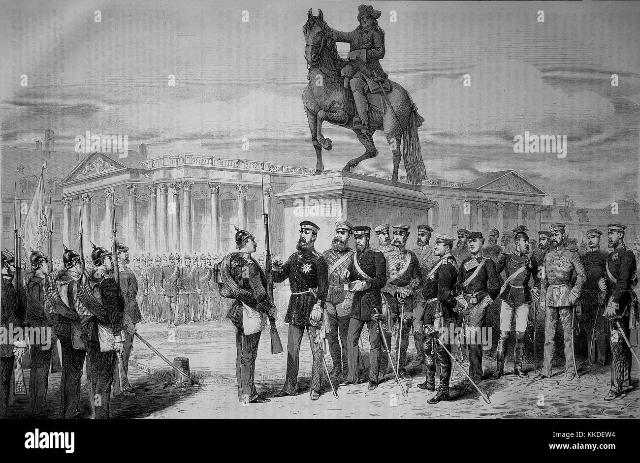 Order ceremony on the Palace Square in Versailles by the Crown Prince of Prussia on 27th of September, France, Franco-German War 1870/71, Franco-Prussian War or Franco-German War, War of 1870, a conflict between the Second French Empire of Napoleon III and the German states of the North German Confederation led by the Kingdom of Prussia, Digital improved reproduction of an original woodcut Stock Photo