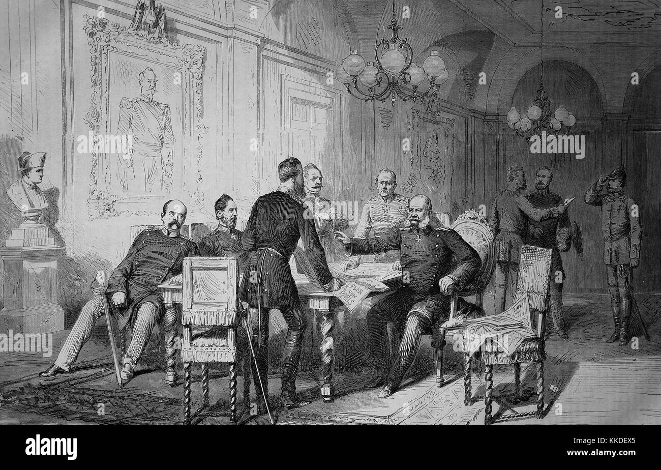 Military Council in the prefecture building at Versailles, on 6 December 1870, from left to right, Bismarck, von Blumenthal, Crown Prince Friedrich Wilhelm, v. Chr. Roon, v. Moltke and King Wilhelm I., France, Franco-German War 1870/71., Franco-Prussian War or Franco-German War, War of 1870, a conflict between the Second French Empire of Napoleon III and the German states of the North German Confederation led by the Kingdom of Prussia, Digital improved reproduction of an original woodcut Stock Photo