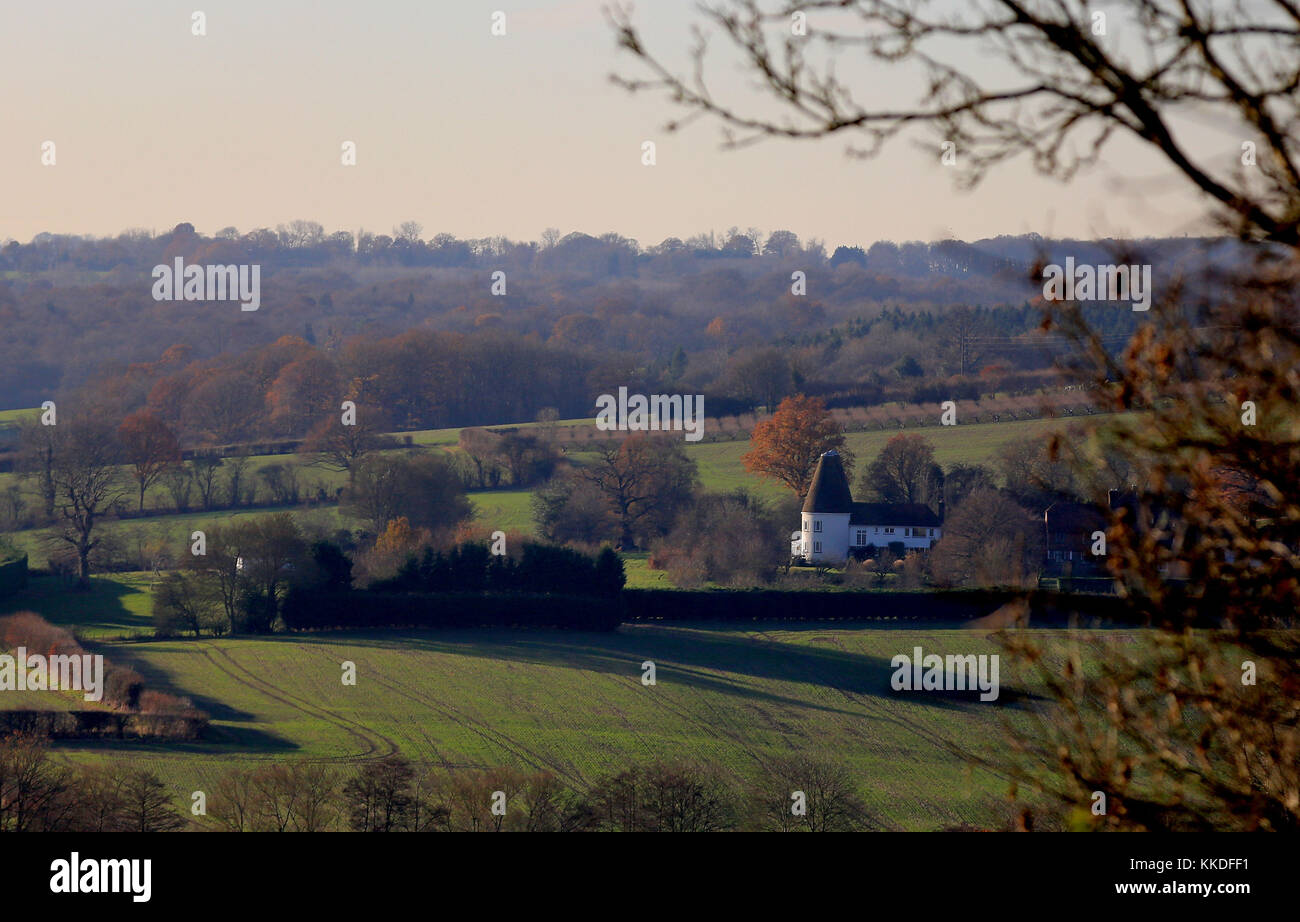A view over the High Weald in Kent during a cold start to the day, as parts of the country have had a dusting of snow with forecasters warning of possible disruption and plunging temperatures. Stock Photo