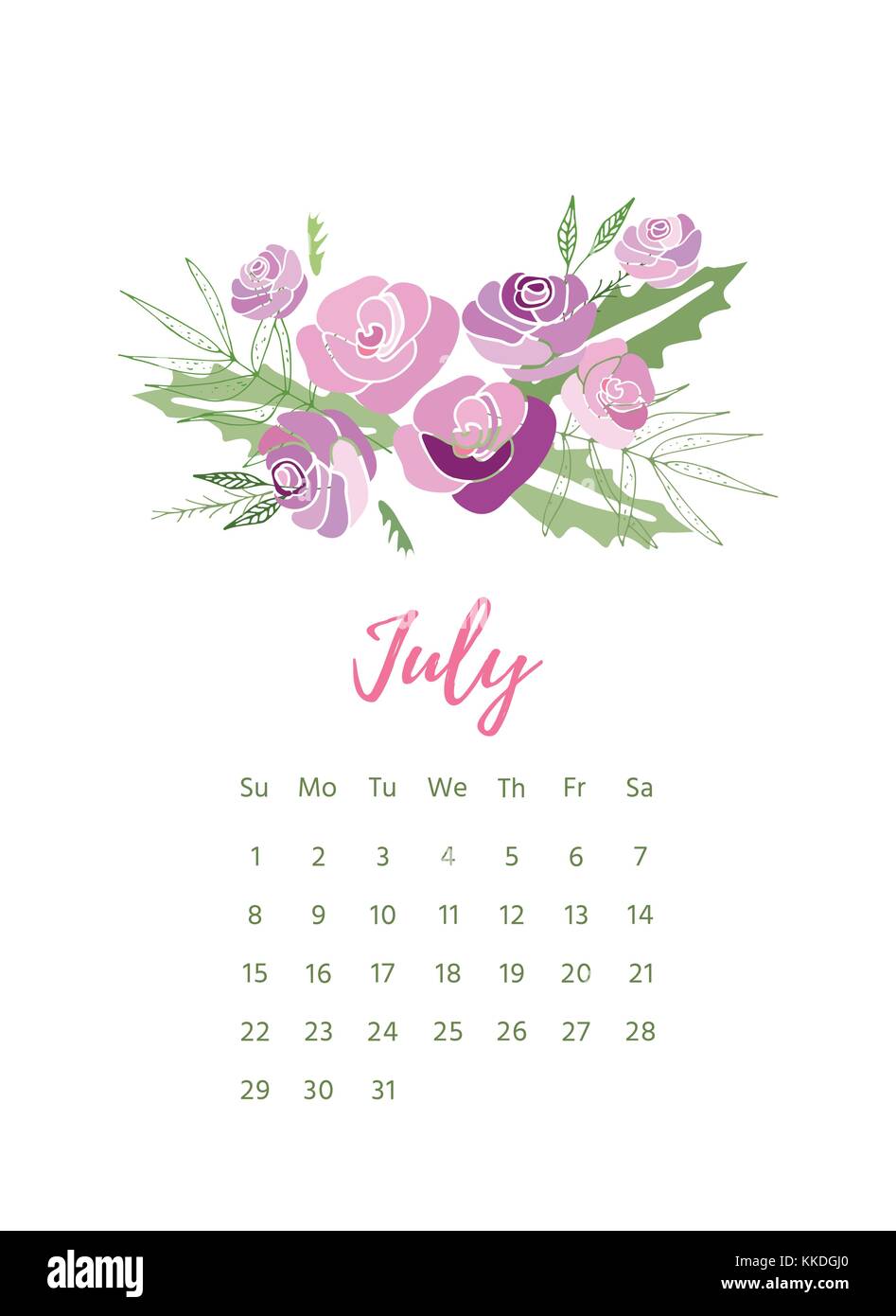 Printable 2018 Calendar with pretty colorful flowers Stock