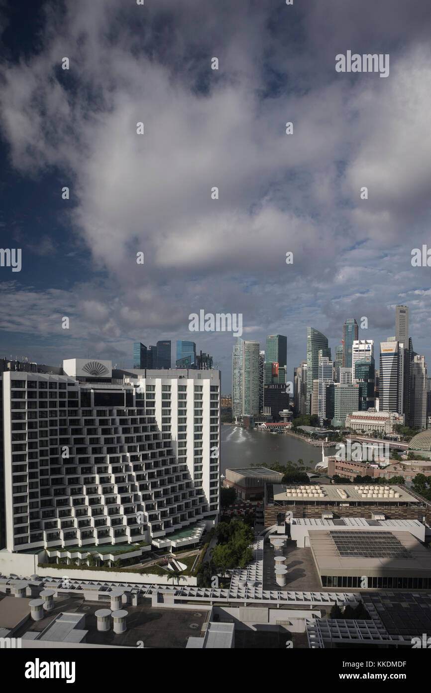 Daytime shot of  the Marina Bay area in Singapore, taken from the Pan Pacific Hotel with the Mandarin Oriental Hotel in the foreground Stock Photo