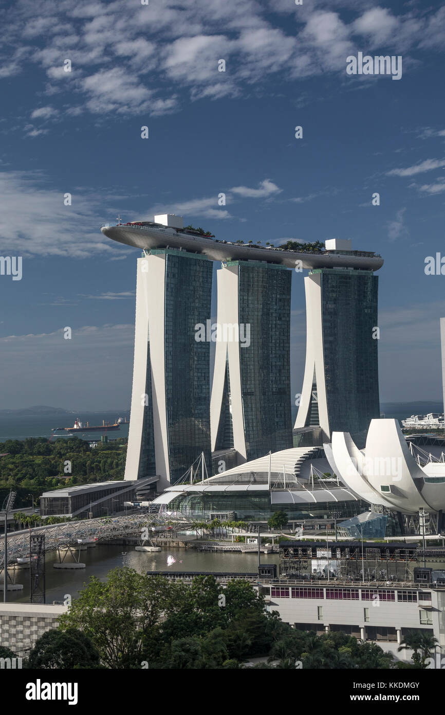 Daytime shot of  the Marina Bay area in Singapore, taken from the Pan Pacific Hotel, showing the Marina Bay Sands Hotel Stock Photo
