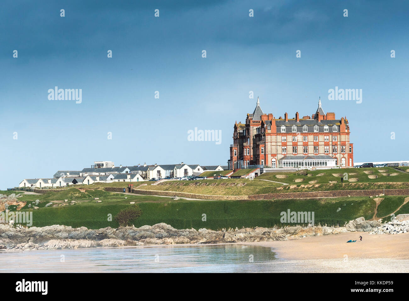 Headland Hotel Newquay - The iconic Headland Hotel overlooking Fistral Beach in Newquay Cornwall UK. Stock Photo