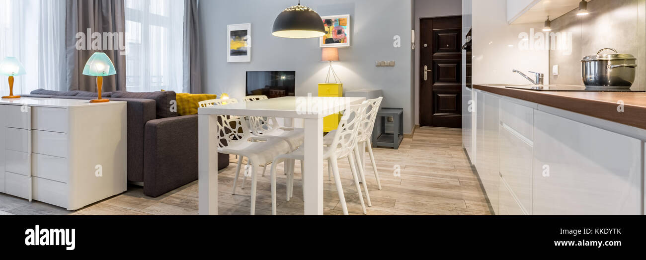 Modern studio flat with kitchen open to living room, panorama Stock