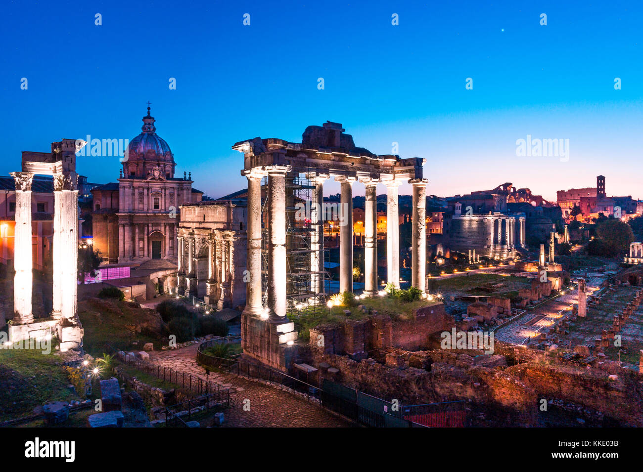 Night photo of Rome and Roman Forum in Autumn (Fall) on a blue hour Stock Photo