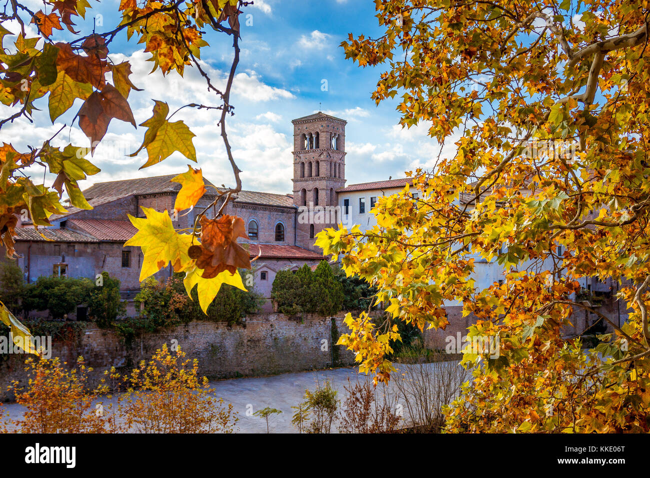 Beautiful photo of Rome, Italy with yellow foliage in Autumn Stock Photo