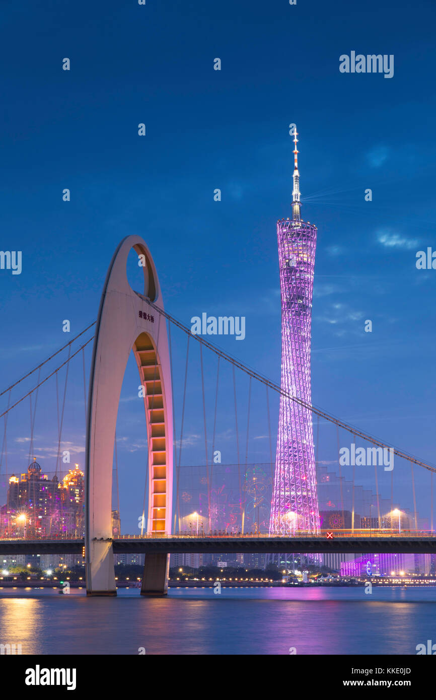 Canton Tower and Liede Bridge at dusk, Guangzhou, Guangdong, China