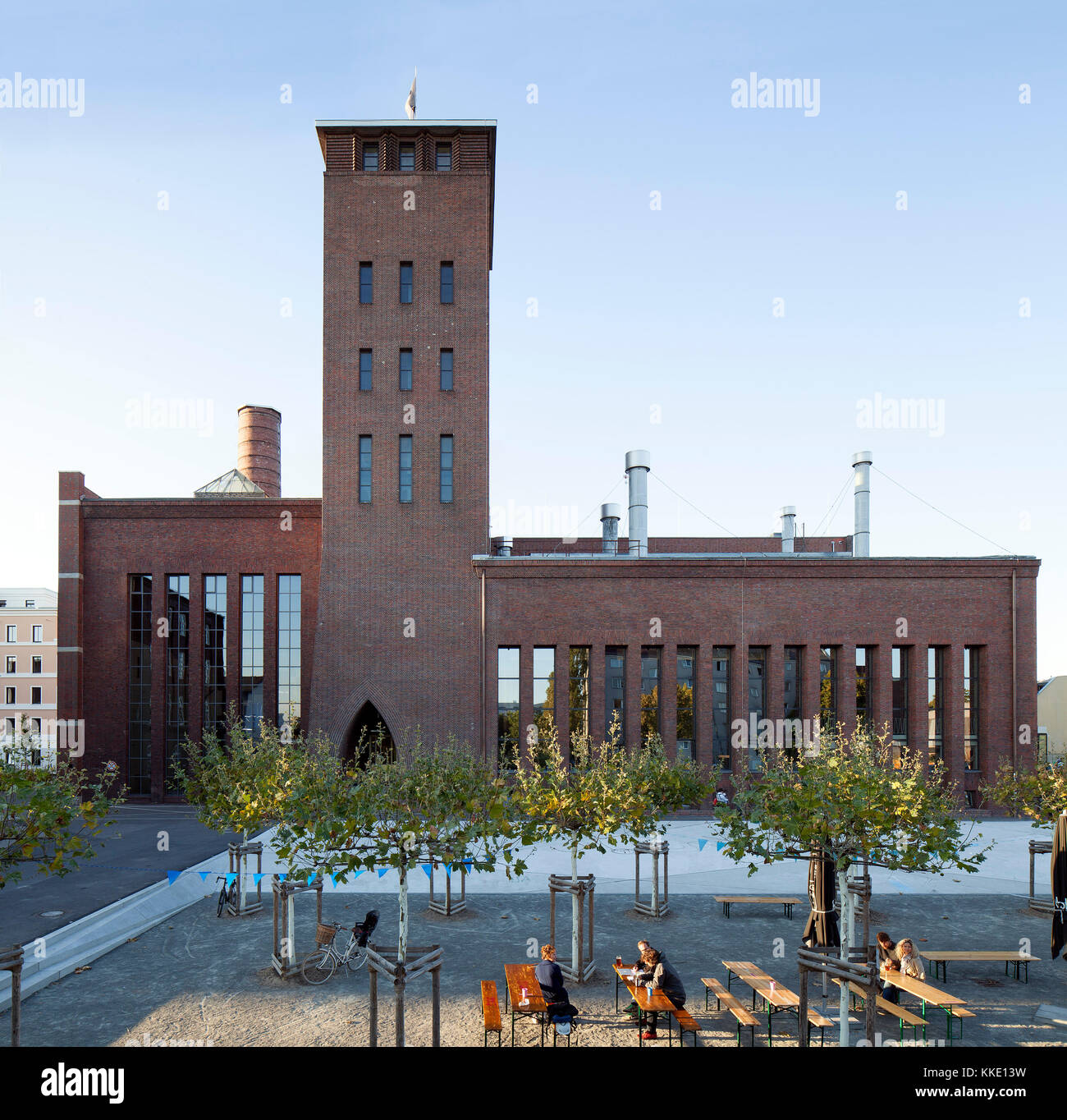 South elevation with beer garden in the foreground. Kindl Centre For Contemporary Art, Berlin, Germany. Architect: grisard'architektur eth sia, 2017. Stock Photo