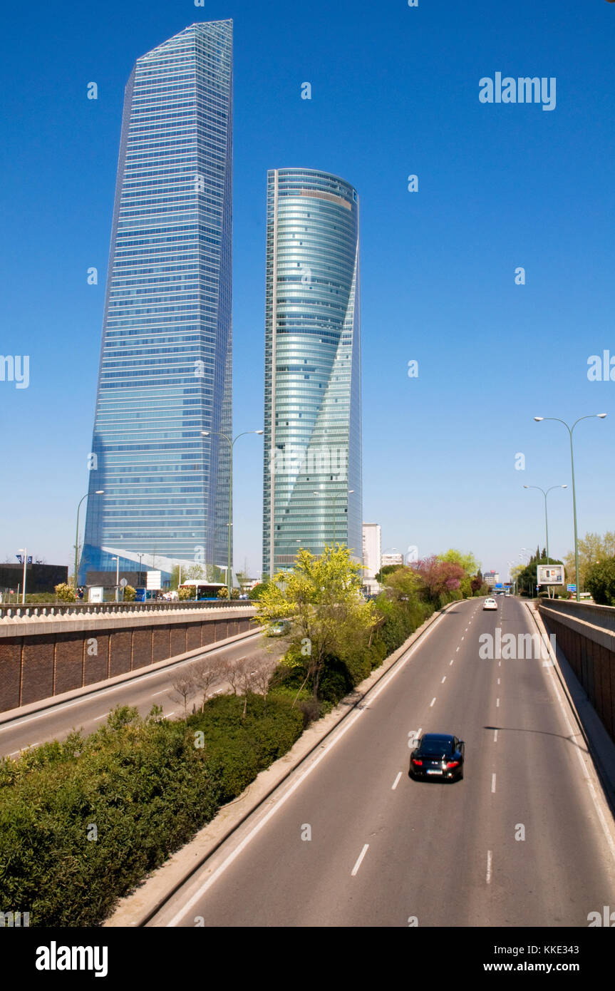 Cristal Tower and Espacio Tower from Paseo de la Castellana. CTBA, Madrid, Spain. Stock Photo