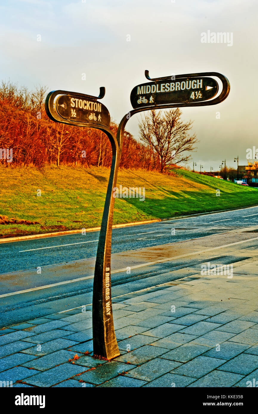 Pedestrian and cycle information sign at North Shore, Stockton on Tees, Cleveland Stock Photo