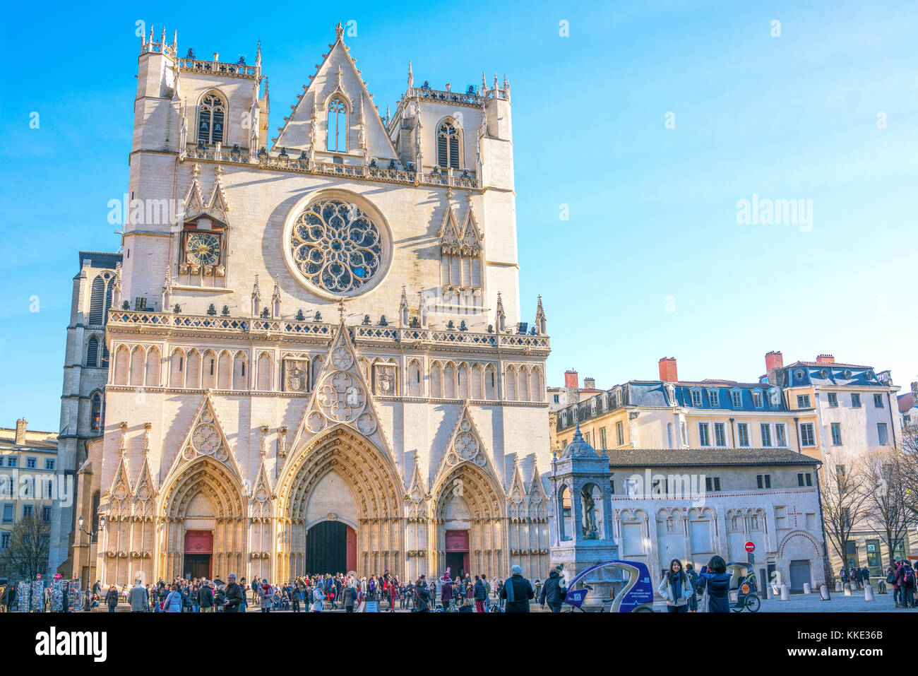 Lyon,  France - December 8, 2016:  A crowd in the square of the St. Jean cathedral Stock Photo