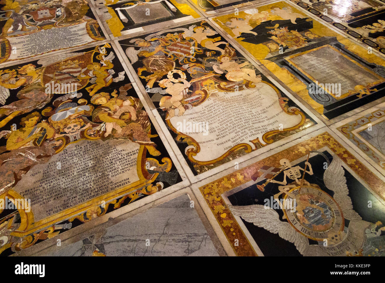 Floor of the nave comprising of many inlaid tombstone / tombstones / marble slab / grave in the / inside St John's Co-Cathedral. Valletta, Malta. (91) Stock Photo