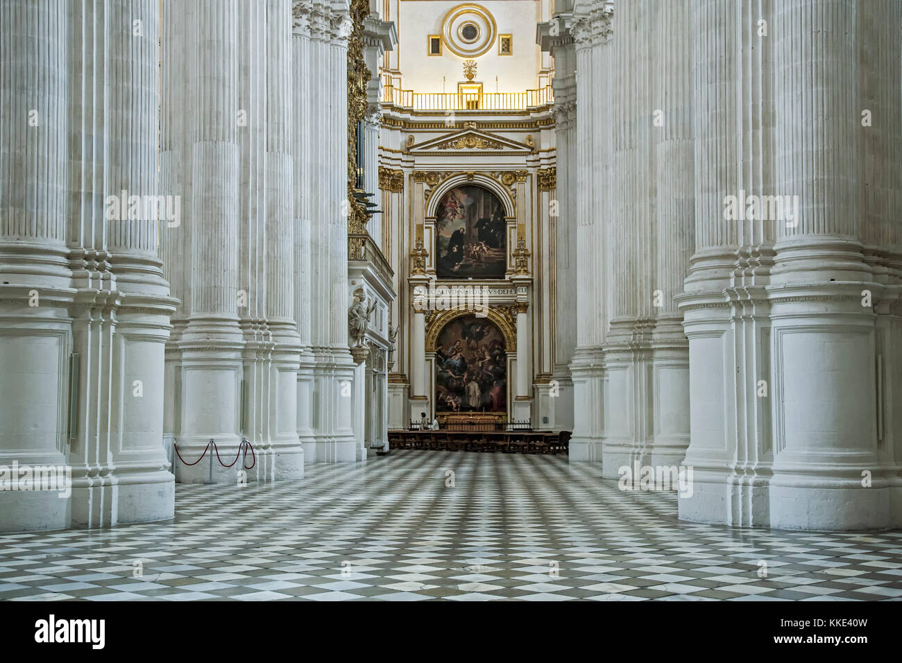 Columns and checkered floor, Cathedral, Granada, Spain Stock Photo