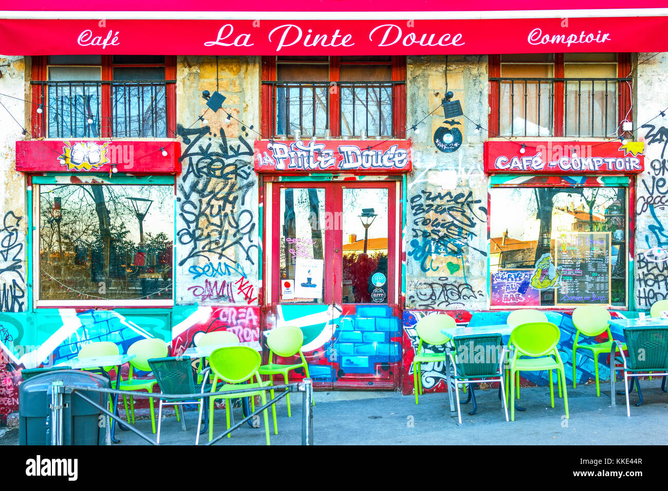 Lyon, France - December 10, 2016: Pente de la Croix Rousse district, a coffee bar Stock Photo