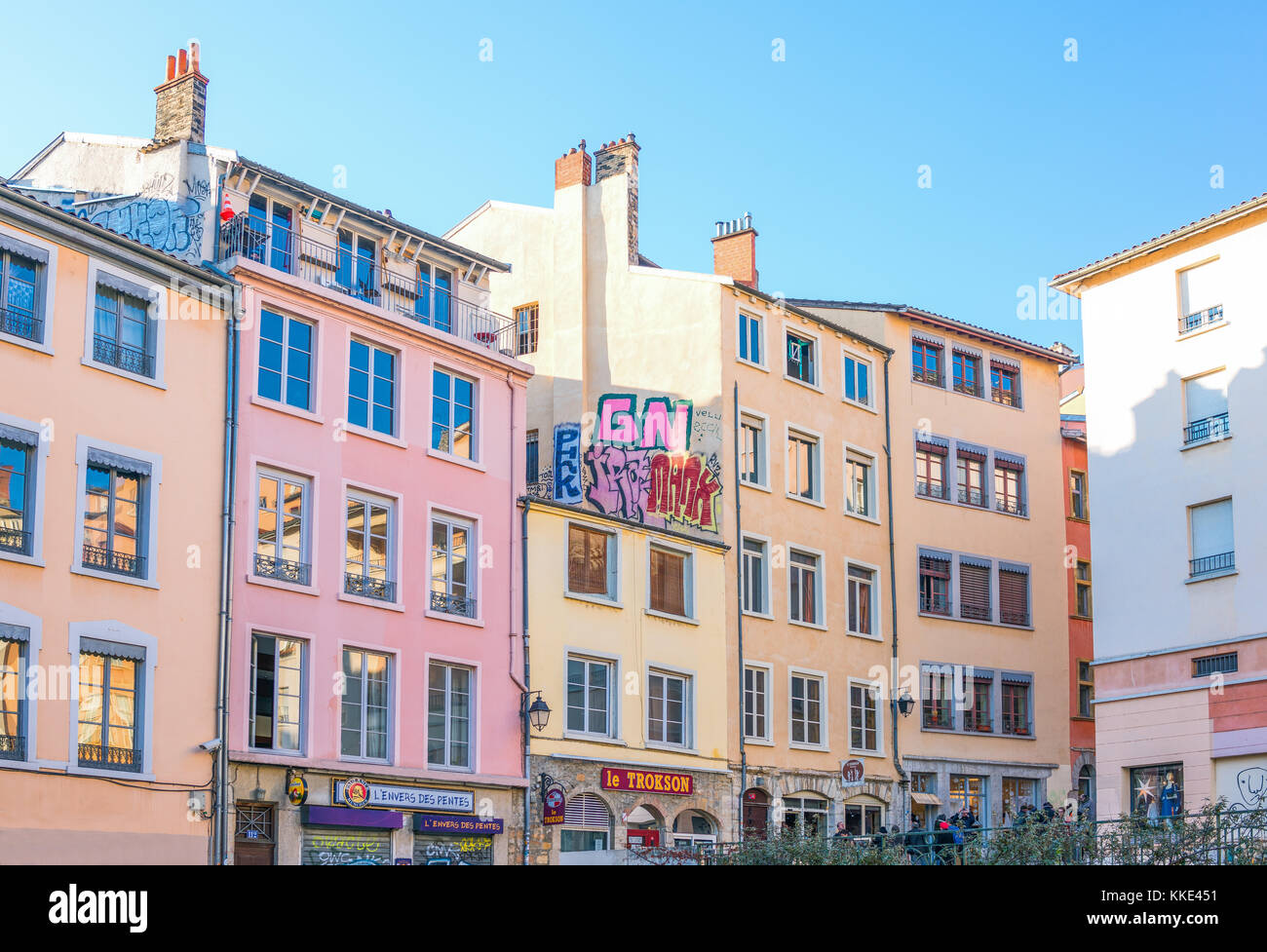 Lyon, France - December 10, 2016:  Houses of  the Pente de la Croix Rousse district Stock Photo