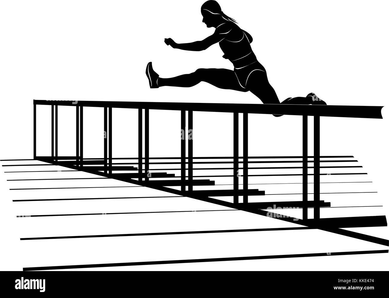 Vector silhouette of running sportswoman jumping over hurdle. Female athlete on hurdle sprint race Stock Vector