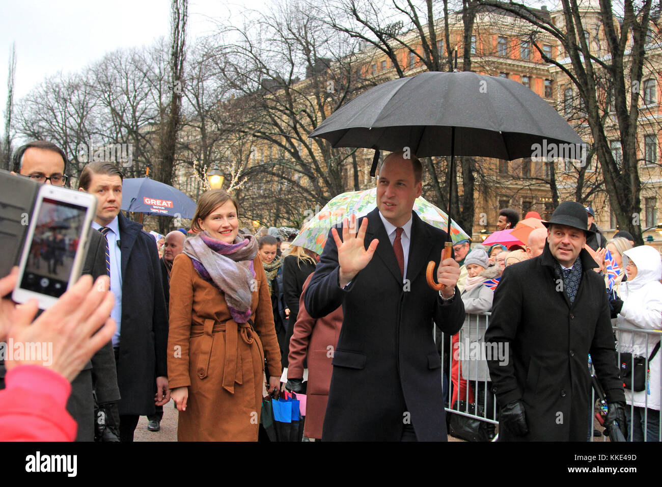 HELSINKI, FINLAND - DECEMBER 30, 2017: Prince William greets people during his visit in Helsinki, Finland. Stock Photo
