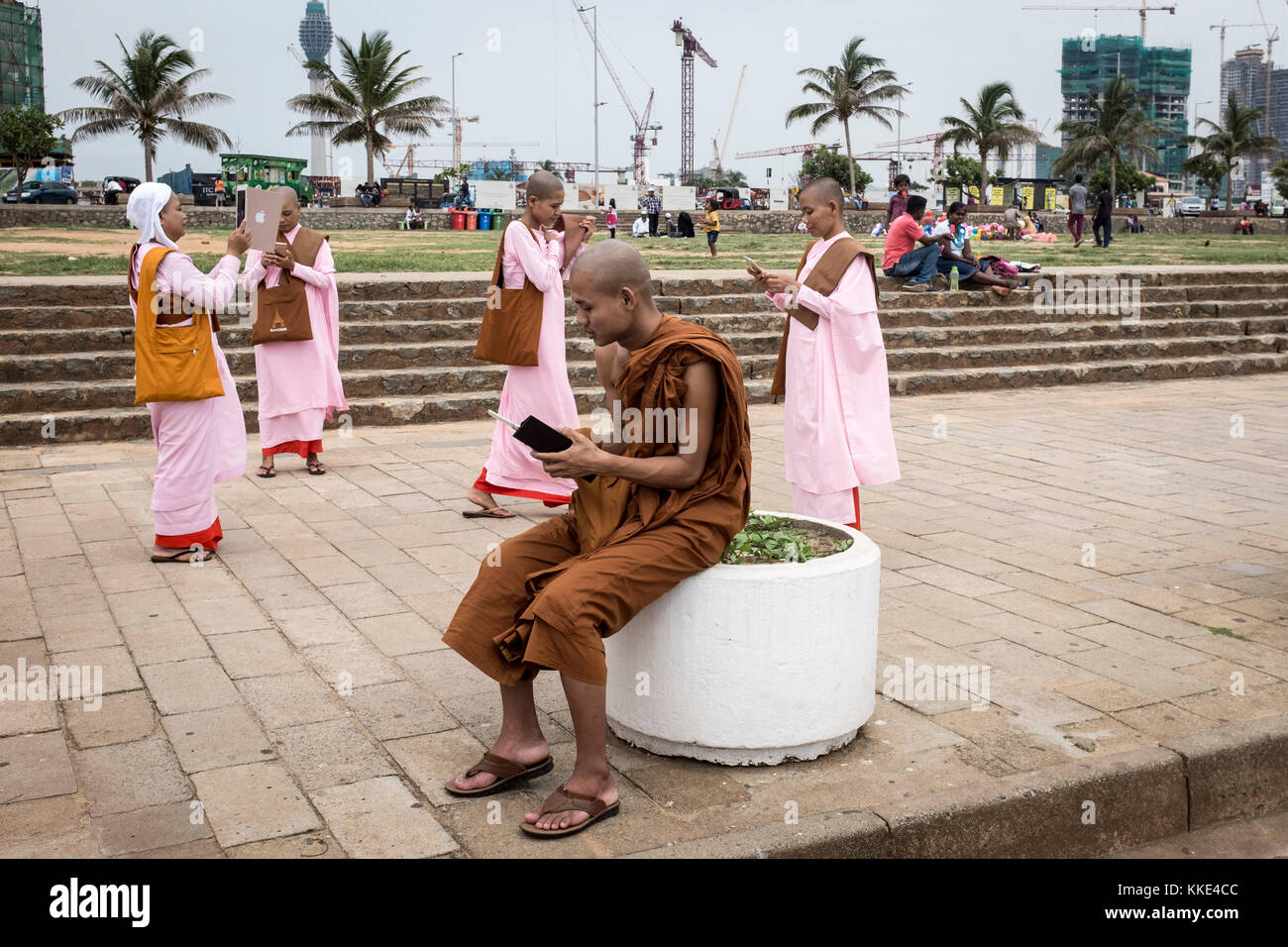A group of monks and nuns from Myanmar look at their smartphones at Galle Face Green in Colombo, Sri Lanka. Stock Photo