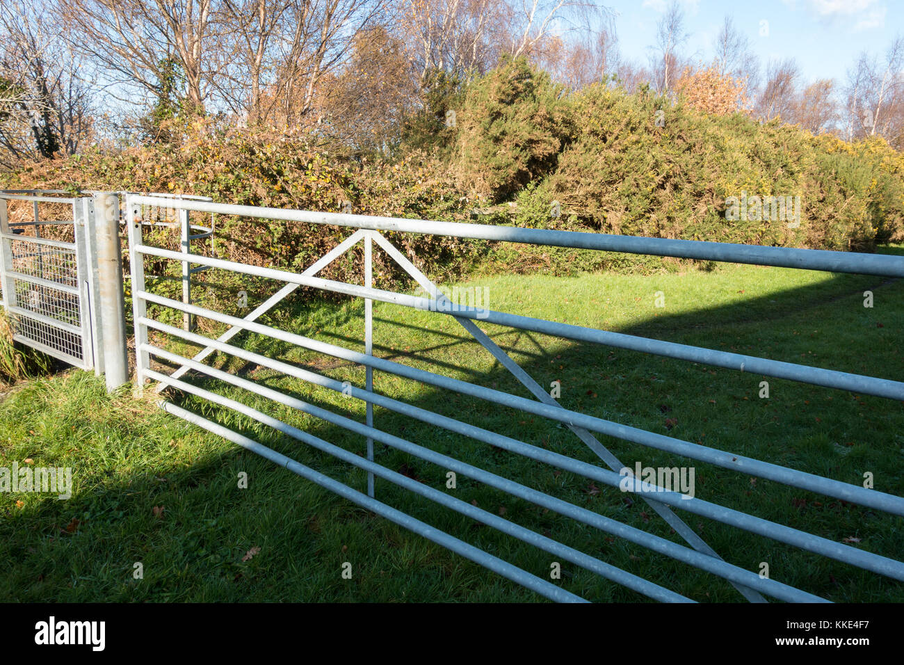 Closed gate at one of the entrances to Turbary Common Local Nature Reserve,  Dorset, United Kingdom Stock Photo