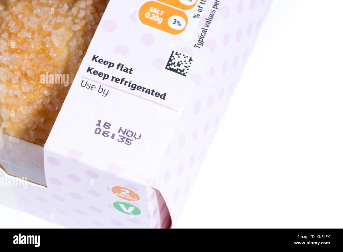 Use by date & storage instructions on a box of Sainsbury's cream horns Stock Photo