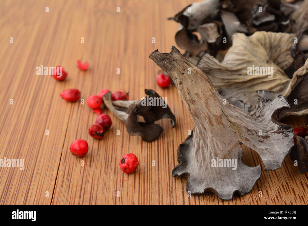 One Horn of Plenty  or Craterellus cornucopioides mushroom on wooden chopping board in foreground with red pepper and dried mushrooms in background Stock Photo