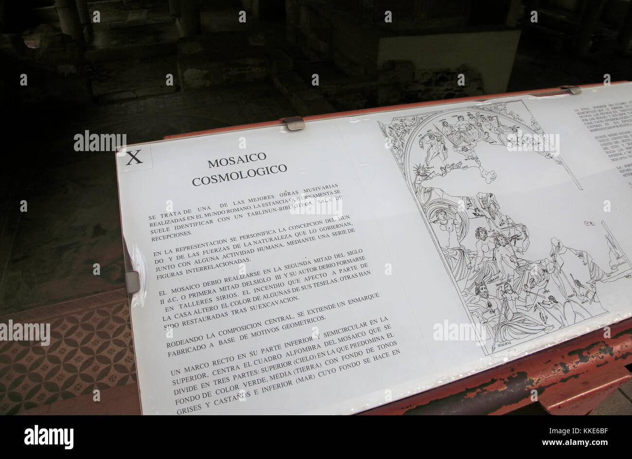 Information panel cosmology mosaic at Casa del Mitreo Roman villa site, Merida, Extremadura, Spain Stock Photo
