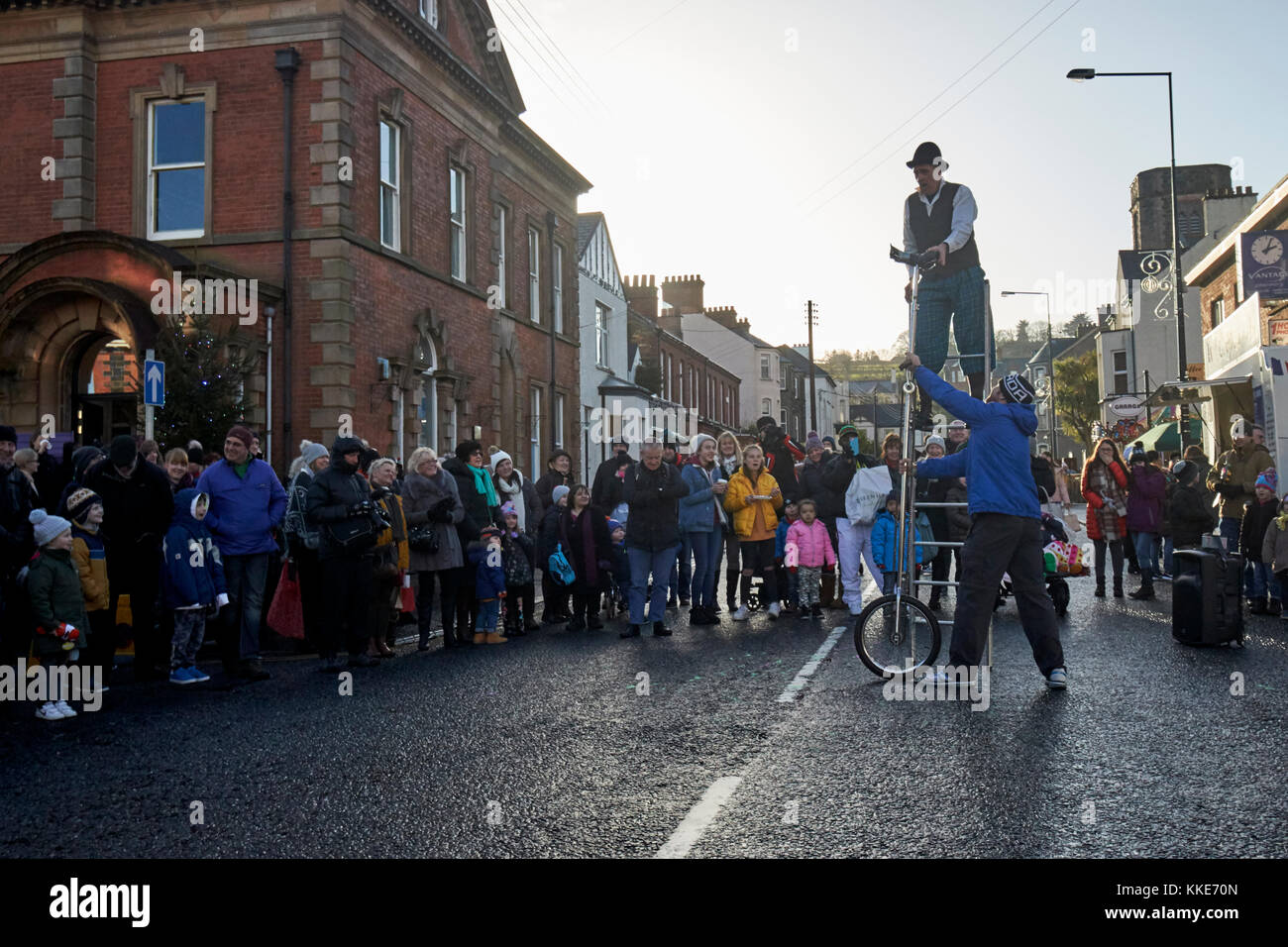 street performers perform at the winter christmas victorian street fair in whitehead county antrim Stock Photo