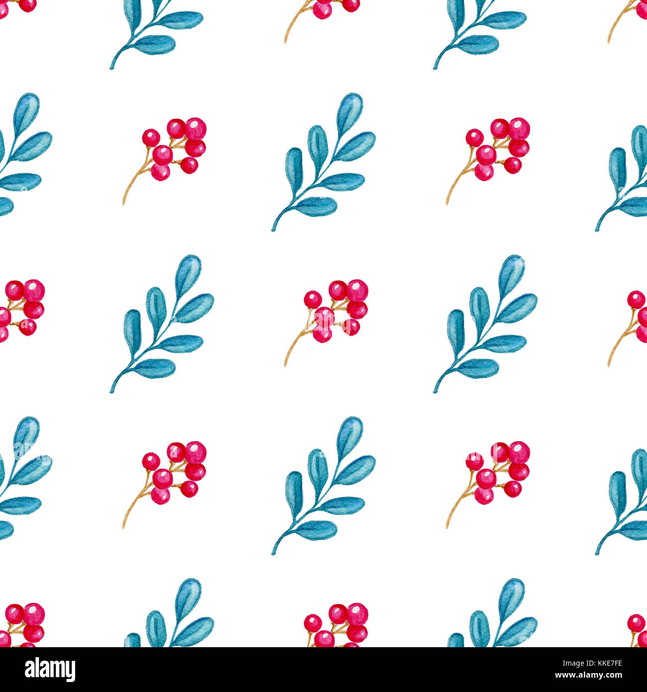 Hand drawn watercolor floral seamless pattern with branch and red berry ...