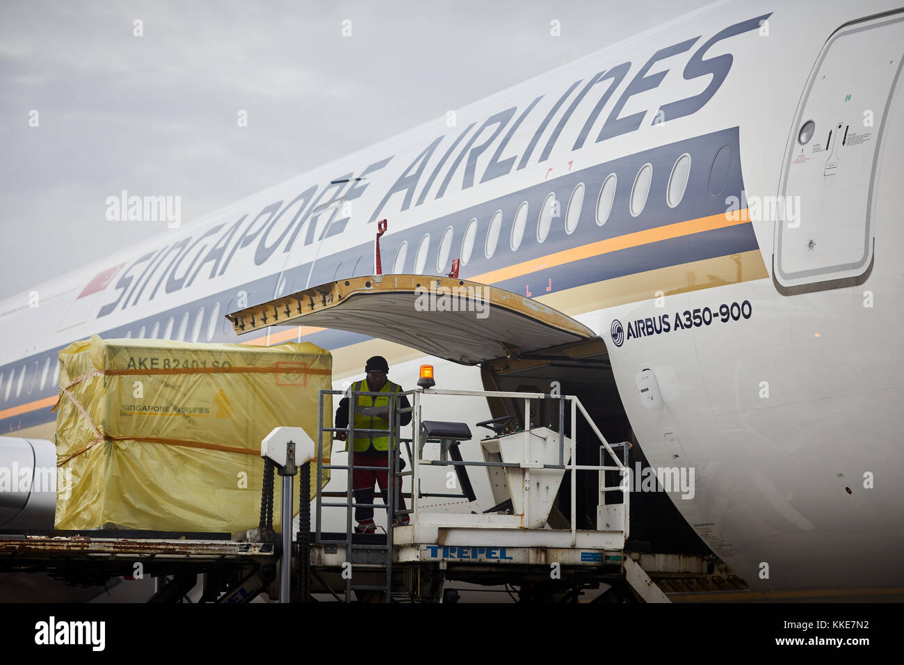 Singapore Airlines Airbus A350 loading freight cargo into the hold at ...