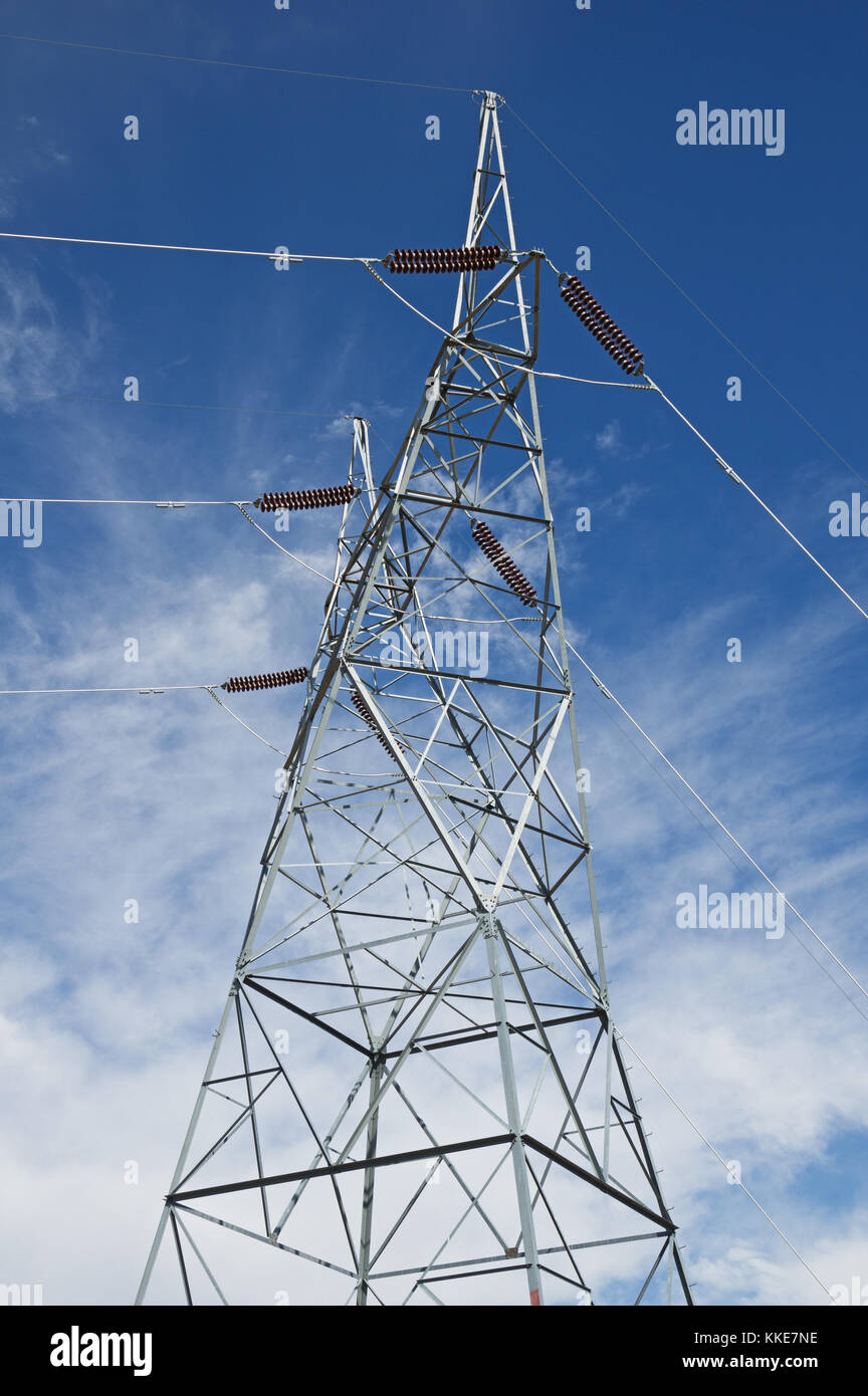 metal electric high power line tower with sky background Stock Photo