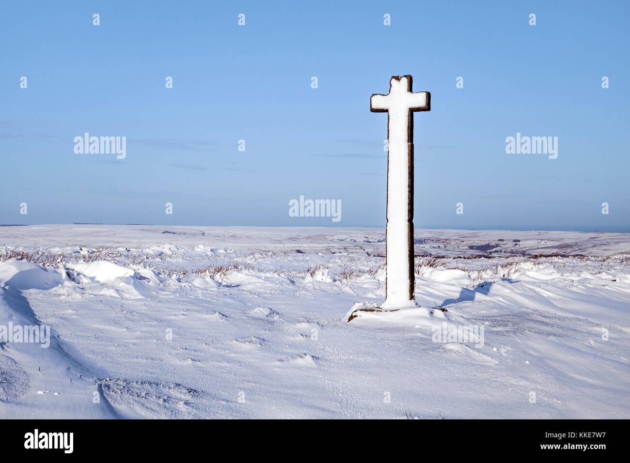 Snowy Young Ralph Cross [emblem of the North York Moors national park] Westerdale Moor North York Moors national park North Yorkshire Stock Photo