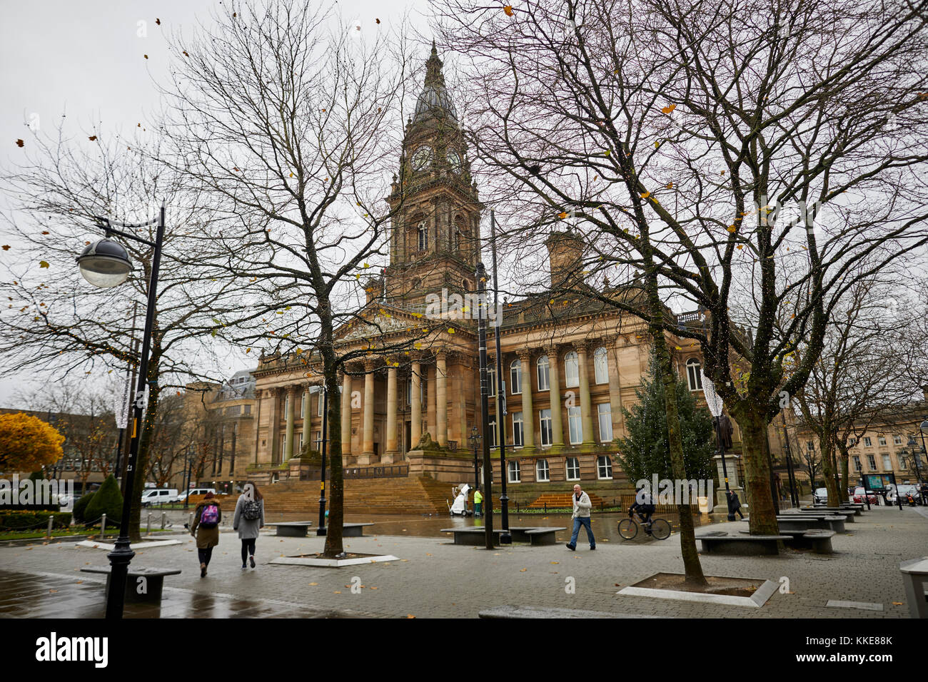 Rain at Bolton Town Hall Victoria Square a grade II* listed building  neoclassical style in the form of a temple and tall baroque-style clocktower Stock Photo