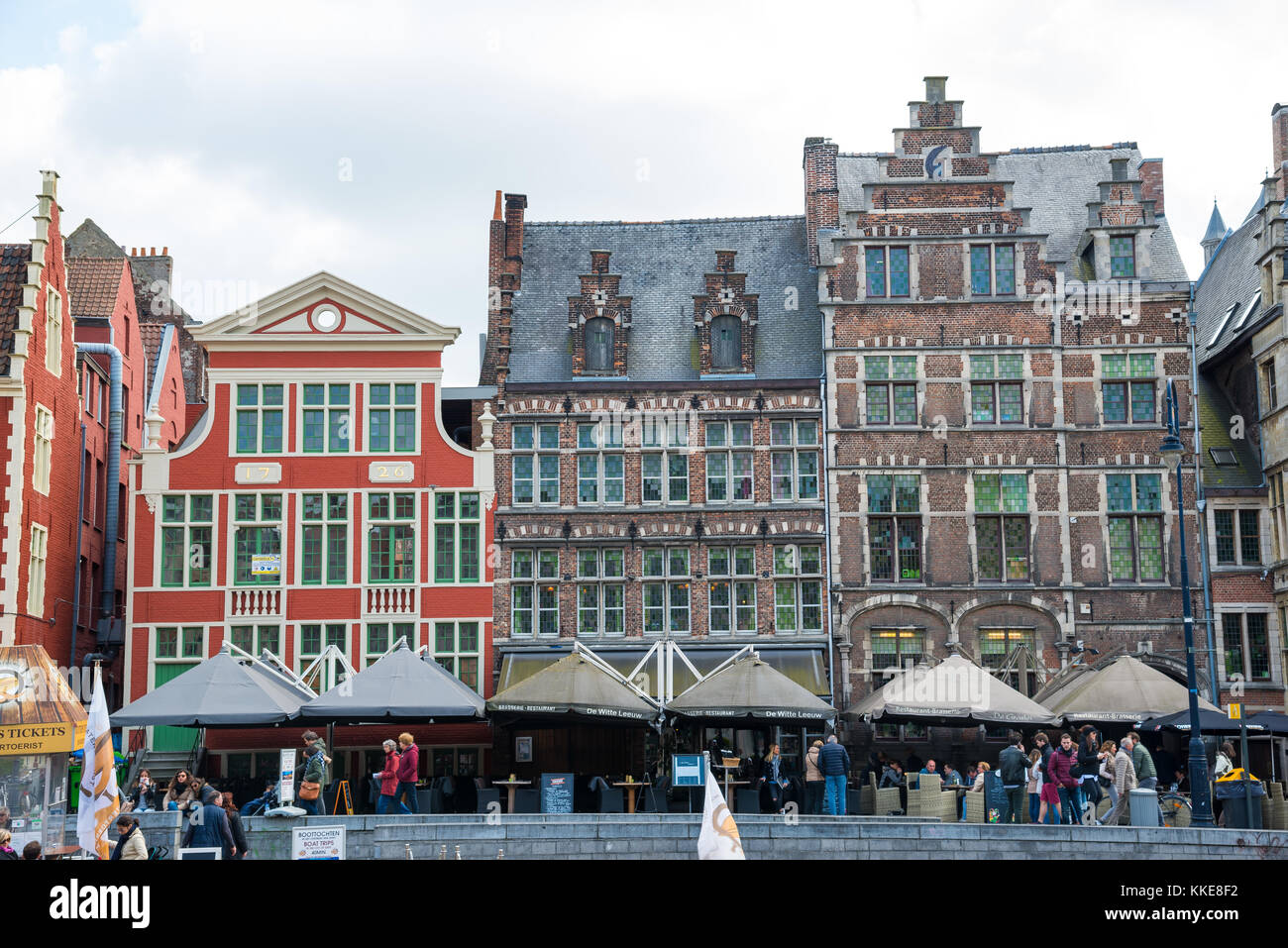 Ghent, Belgium - April 16, 2017: Row of historic colorful buildings in Ghent, Belgium Stock Photo