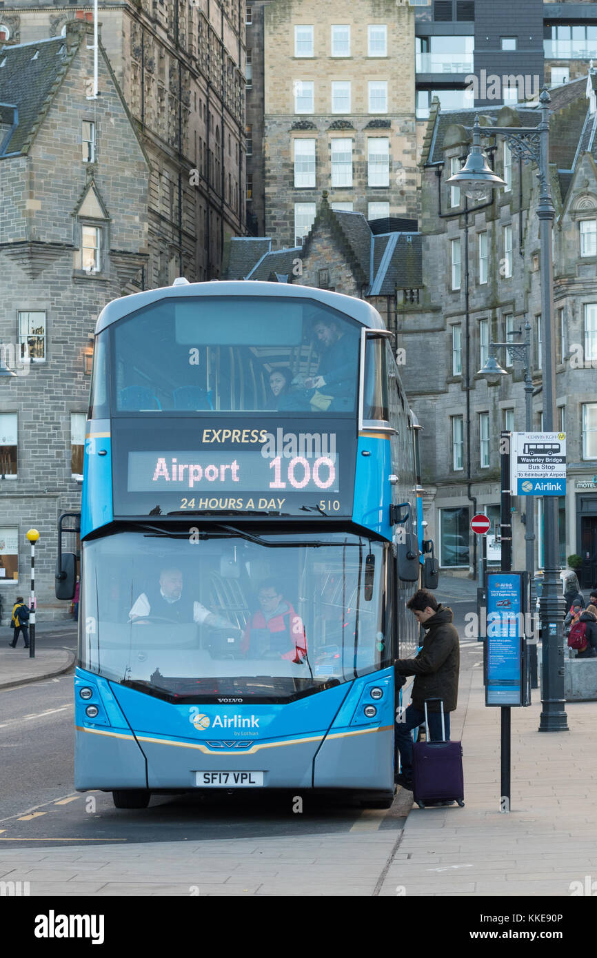 Airlink Edinburgh Airport 100 bus stop on Waverley Bridge, Edinburgh, Scotland, UK Stock Photo