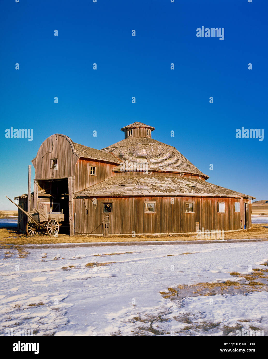 old round barn and wagon near conrad, montana Stock Photo Alamy