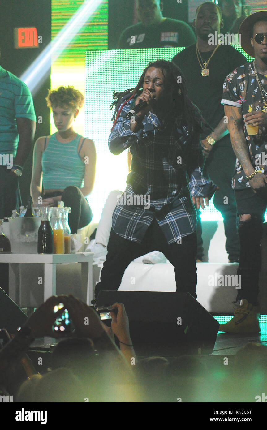 FORT LAUDERDALE, FL - MARCH 23: One of Lil Wayne’s bodyguards waded through the crowd at a Florida show early Sunday and decked a fan who had apparently ticked off the rapper, a new video shows.  The 32-year-old hip hop star appeared to single out the bearded young show-goer before the vicious attack at Revolution Live in Fort Lauderdale, the Broward-Palm Beach New Times reported. on March 23, 2015 in Fort Lauderdale, Florida.   People:  Lil Wayne Stock Photo