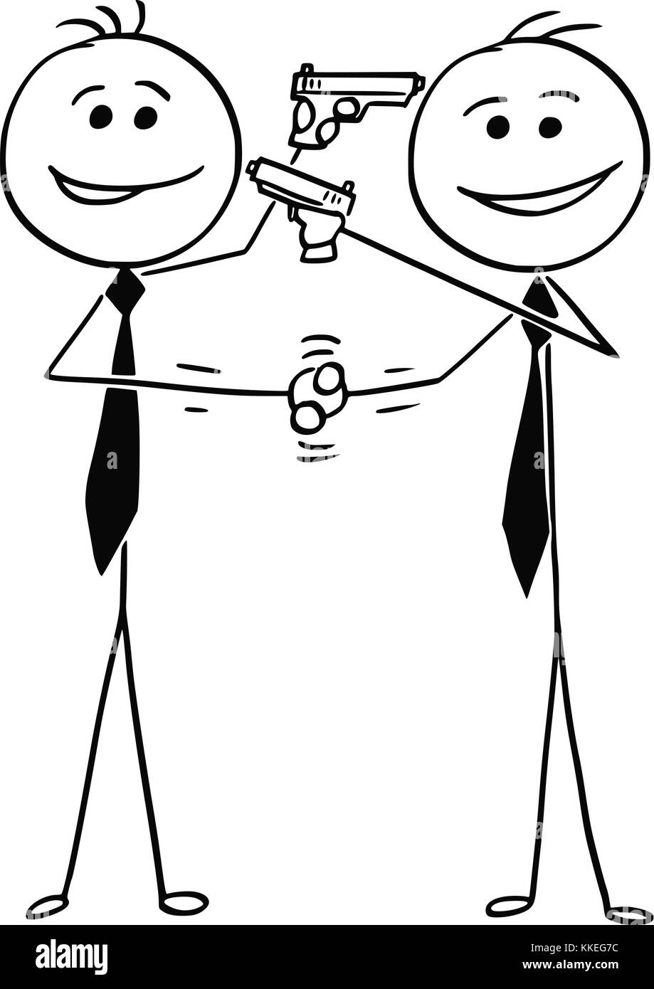 Cartoon stick man drawing illustration of two men politicians businessmen smiling and shaking their hands and pointing guns at each other in same time Stock Vector